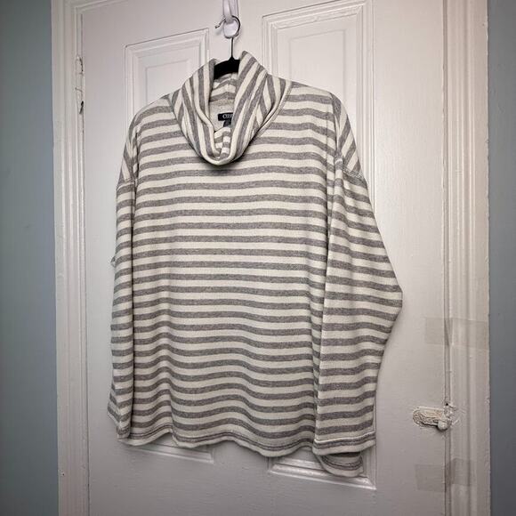 Chaps Cowl Neck Womens XXL White Gray Striped Terry Coastal Pullover Long Sleeve - Picture 1 of 7